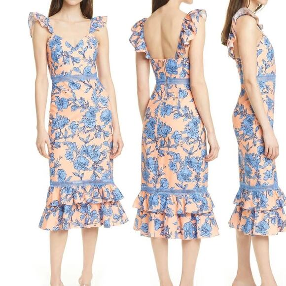 ALICE + OLIVIA - NWT - Jade Floral Ruffle Sheath Midi Dress Sketch Floral2